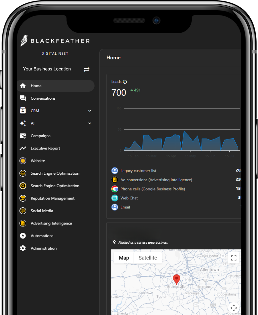Digital Nest platform dashboard on mobile — CRM, automation, and reporting in one view